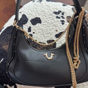 True Religion Black Shoulder Bag with Gold Accents
